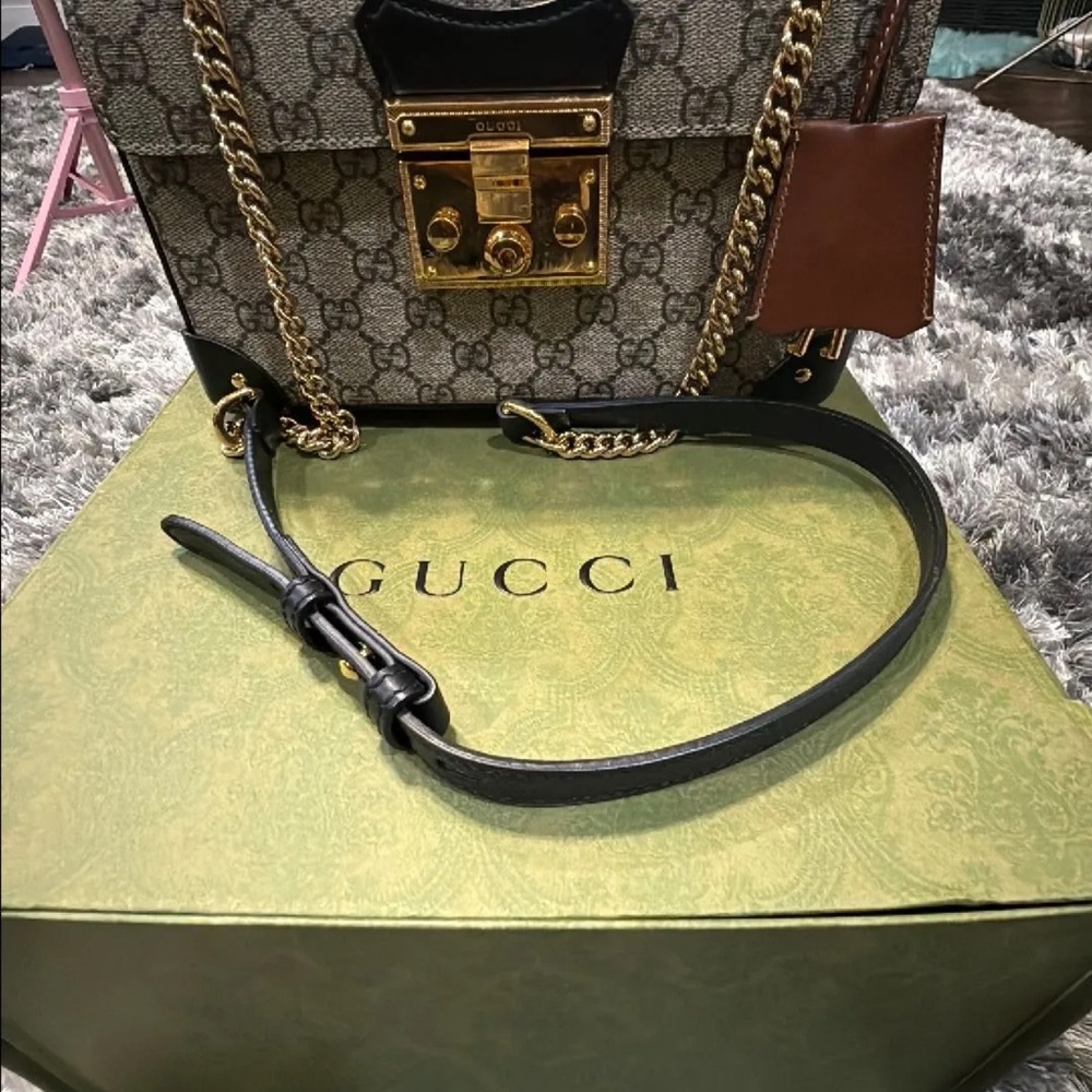 Gucci Women's Brown and Black Shoulder Bag with Gold Accents